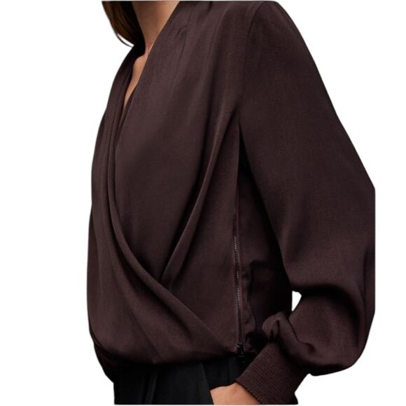 NWOT All Saints Abi Long Sleeve Draped Wrap Over Top Purple – Sz 2 - Picture 3 of 11